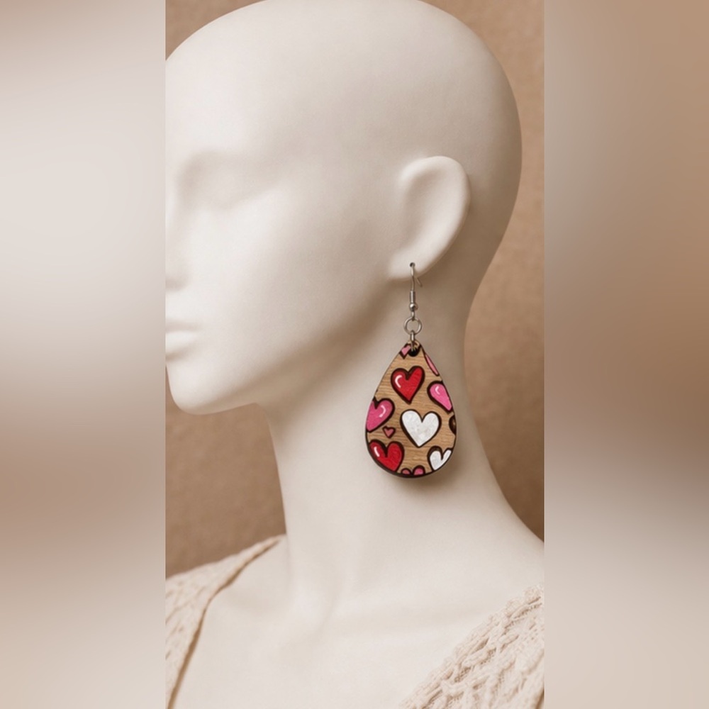 Handmade Multicolor Heart Wooden Dangle Earrings Romantic Statement Jewelry - Picture 2 of 8